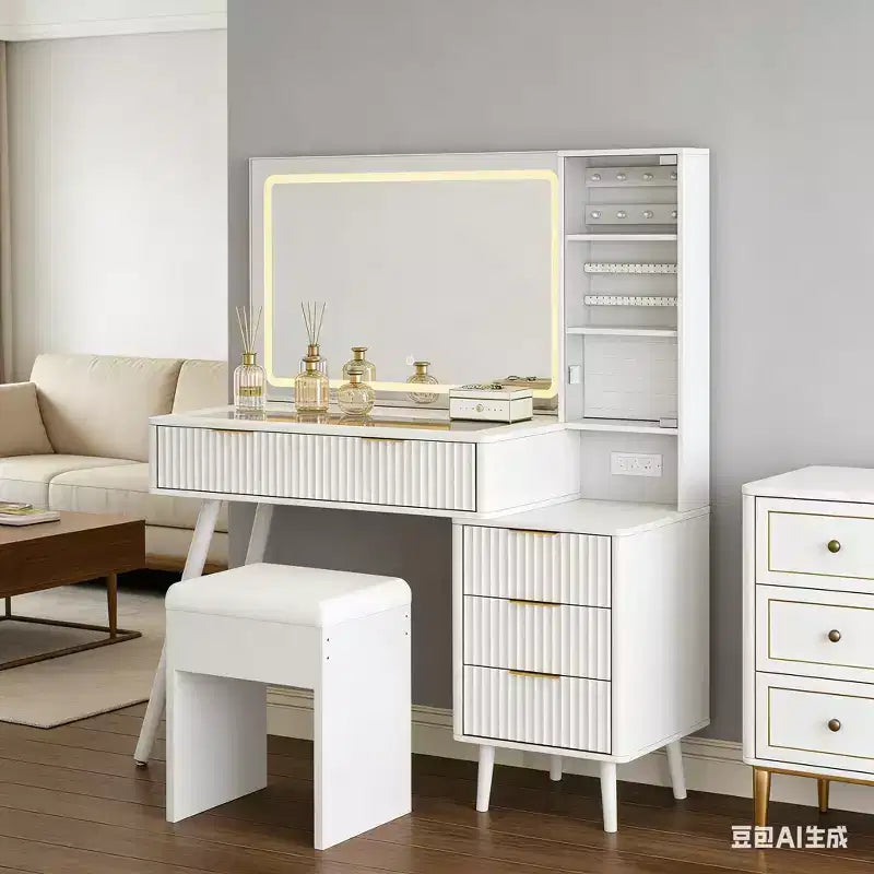 Toletta con Specchio Illuminato, Mobile Trucco con Stazione di Ricarica, Tavolo da Trucco con Piano in Vetro e Sgabello Contenitore Imbottito per Camera da Letto