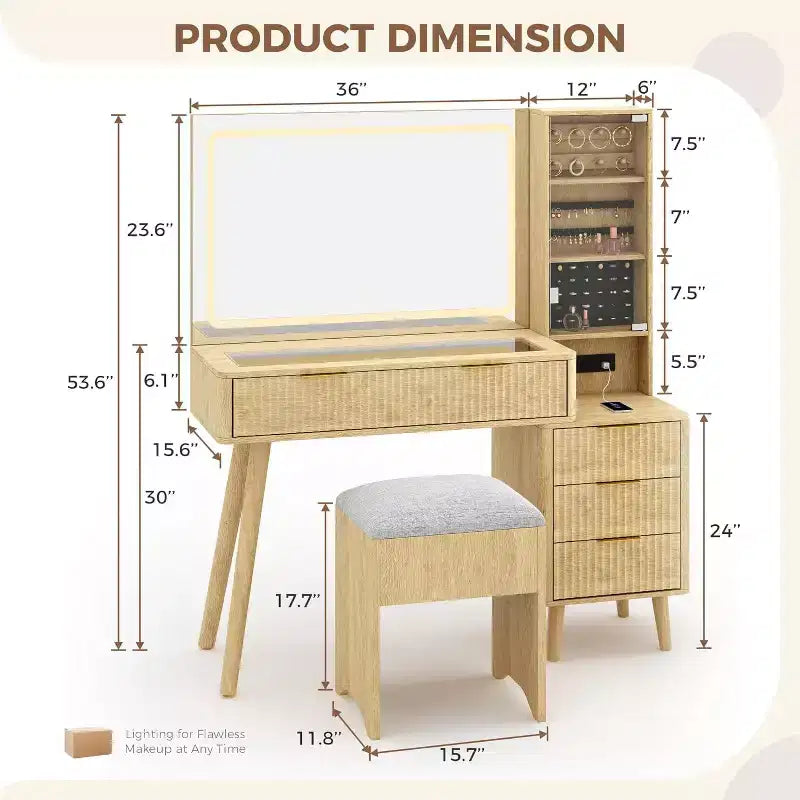 Toletta con Specchio Illuminato, Mobile Trucco con Stazione di Ricarica, Tavolo da Trucco con Piano in Vetro e Sgabello Contenitore Imbottito per Camera da Letto