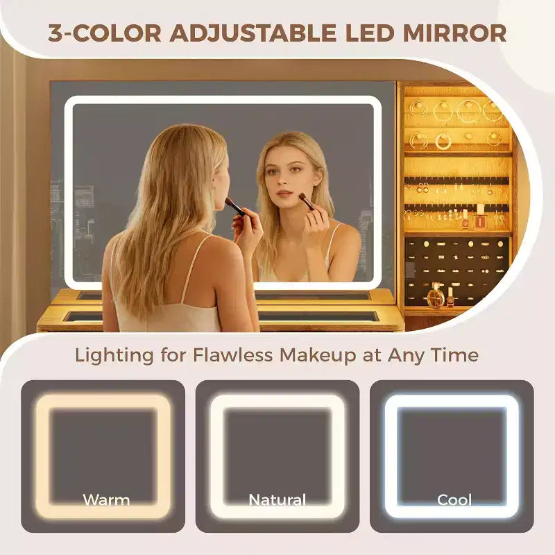 Toletta con Specchio Illuminato, Mobile Trucco con Stazione di Ricarica, Tavolo da Trucco con Piano in Vetro e Sgabello Contenitore Imbottito per Camera da Letto