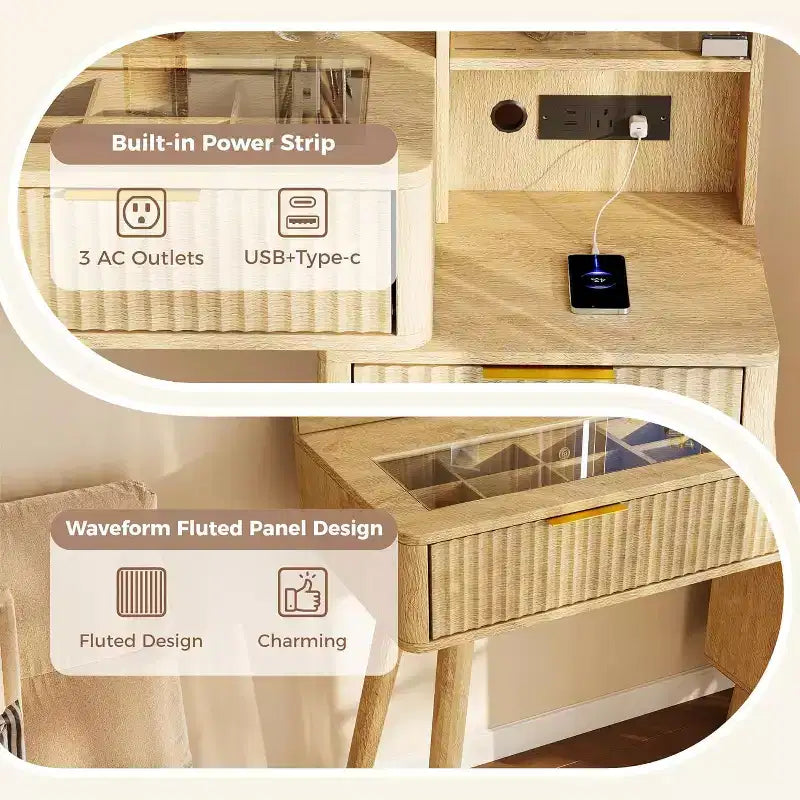 Toletta con Specchio Illuminato, Mobile Trucco con Stazione di Ricarica, Tavolo da Trucco con Piano in Vetro e Sgabello Contenitore Imbottito per Camera da Letto