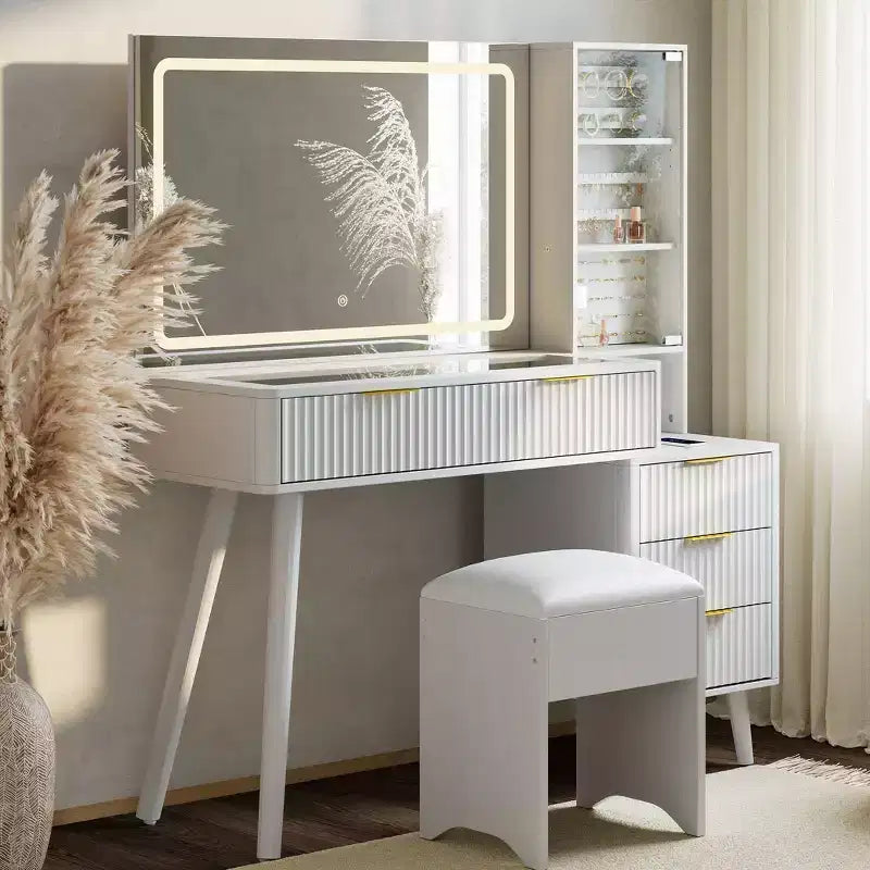 Toletta con Specchio Illuminato, Mobile Trucco con Stazione di Ricarica, Tavolo da Trucco con Piano in Vetro e Sgabello Contenitore Imbottito per Camera da Letto