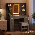 Makeup Vanity Desk with Lighted Mirror & Chair, 7 Drawers, Built-in Power Outlet & Hairdryer Holder, Modern Dressing Table Set for Bedroom