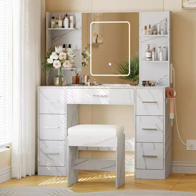 Toeletta per Trucco con Specchio Illuminato e Sedia, 7 Cassetti, Presa di Corrente Integrata e Supporto per Asciugacapelli, Set Moderno da Tavolo da Trucco per Camera da Letto