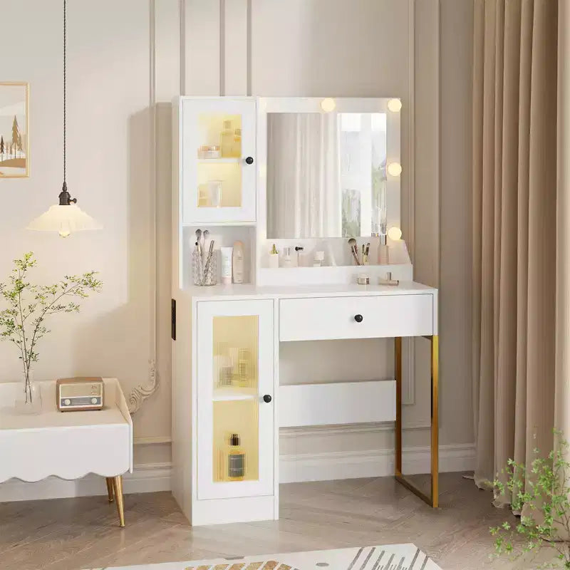 Moderna toletta per il trucco con specchio, 2 armadietti con anta in acrilico, 2 ripiani aperti, cassetti, per la camera da letto