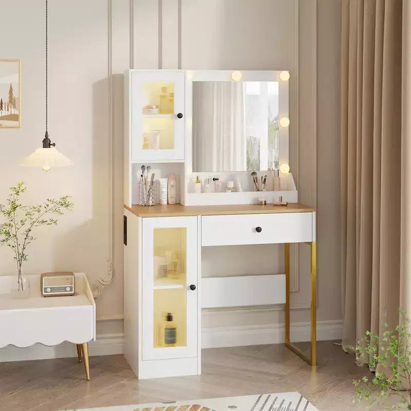 Moderna toletta per il trucco con specchio, 2 armadietti con anta in acrilico, 2 ripiani aperti, cassetti, per la camera da letto