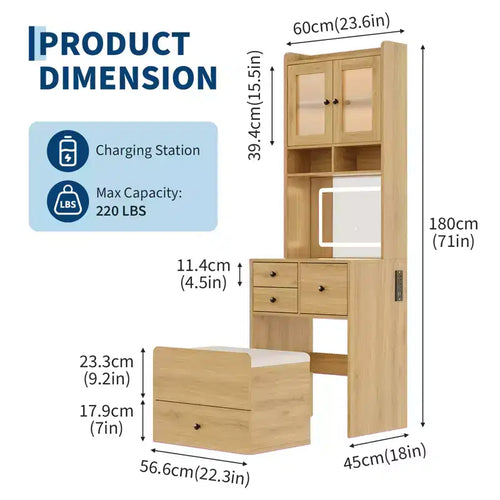 Postazione trucco 3 in 1, set comò alto, 4 cassetti, vano portaoggetti, ante in acrilico, per camera da letto, casa