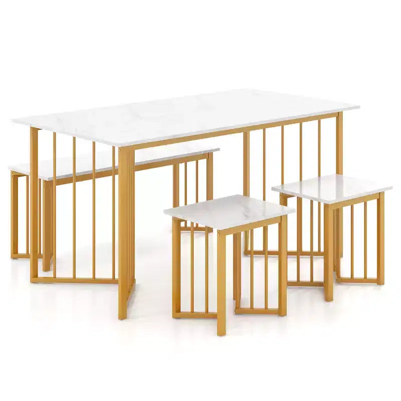 Costway Set da Pranzo 4 Pezzi con Tavolo da Cucina, Panca e 2 Sgabelli con Gambe in Metallo a Forma di Ala