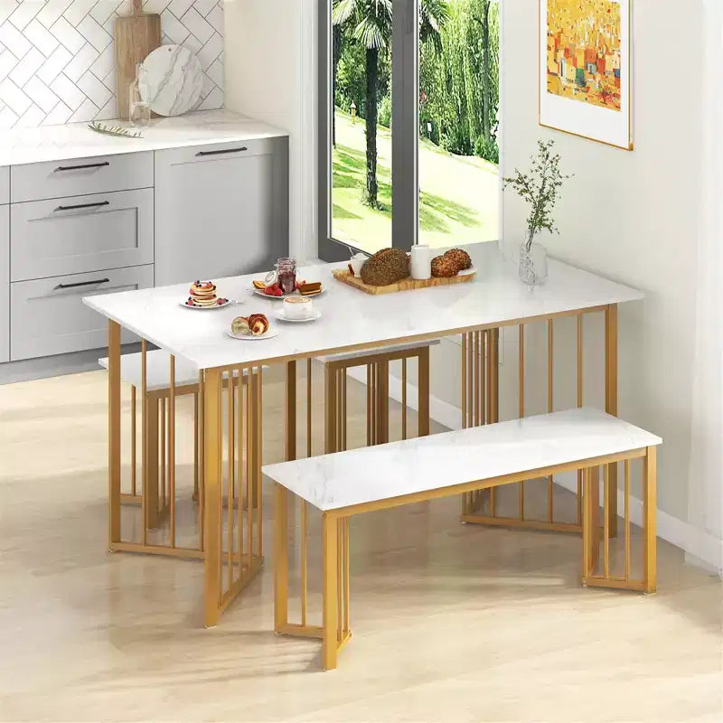 Costway Set da Pranzo 4 Pezzi con Tavolo da Cucina, Panca e 2 Sgabelli con Gambe in Metallo a Forma di Ala