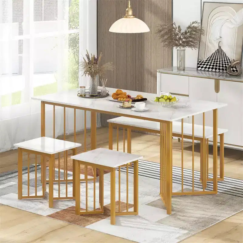Costway Set da Pranzo 4 Pezzi con Tavolo da Cucina, Panca e 2 Sgabelli con Gambe in Metallo a Forma di Ala