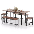 Costway 5 PCS Dining Table Set for 4-6 w/ 2 Benches & 2 Stools Metal Frame Dining Room Walnut