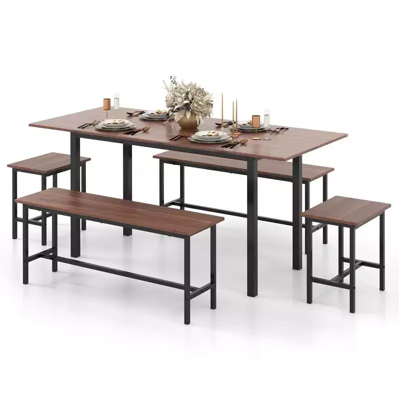 Costway 5 PCS Dining Table Set for 4-6 w/ 2 Benches & 2 Stools Metal Frame Dining Room Walnut