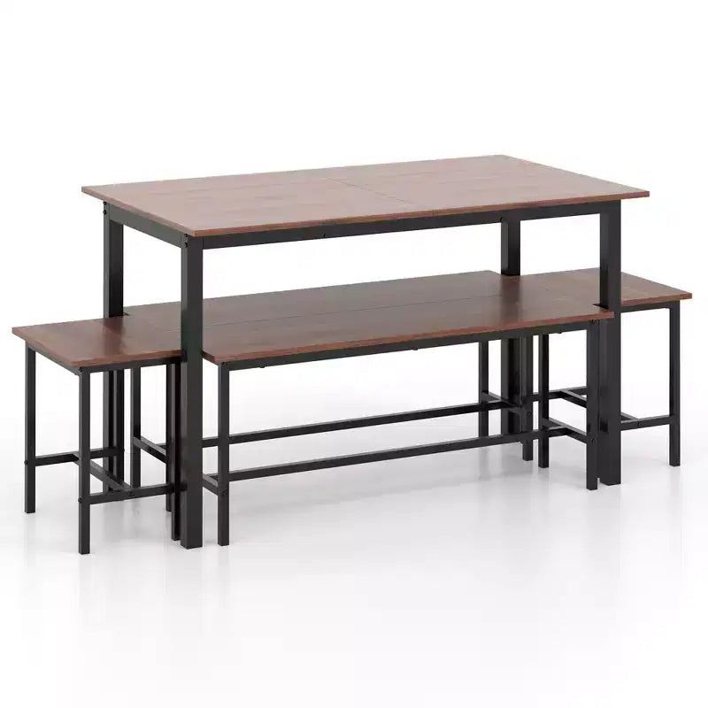Costway Set Tavolo da Pranzo 5 Pezzi per 4-6 Persone con 2 Panche e 2 Sgabelli Struttura in Metallo Noce