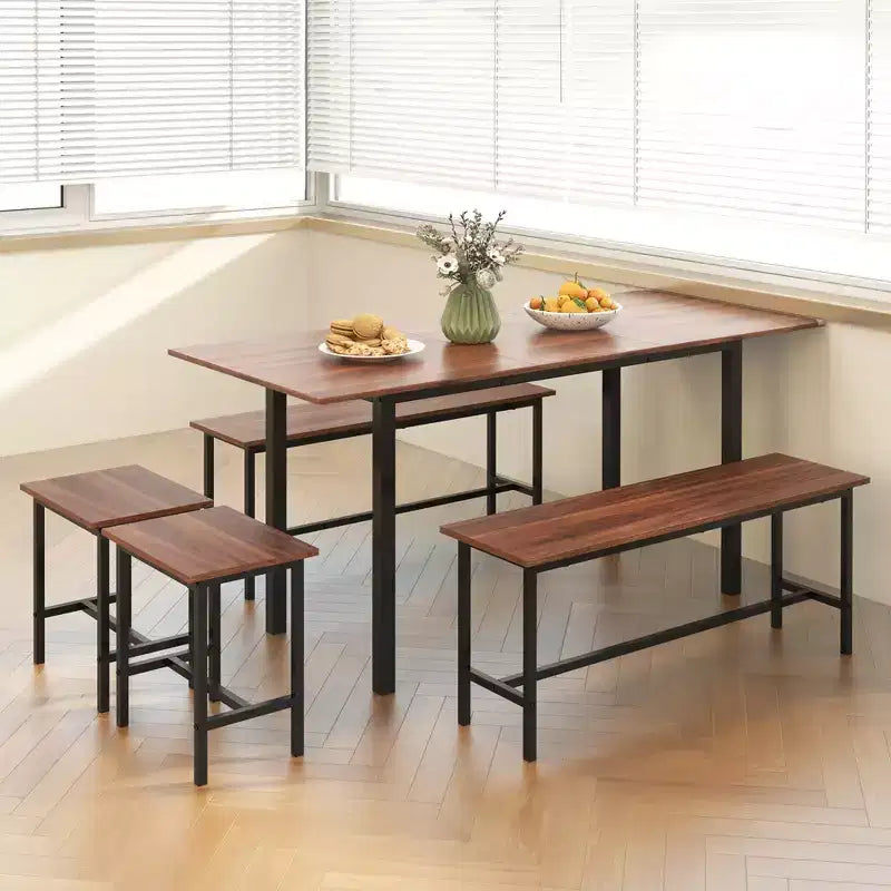 Costway Set Tavolo da Pranzo 5 Pezzi per 4-6 Persone con 2 Panche e 2 Sgabelli Struttura in Metallo Noce