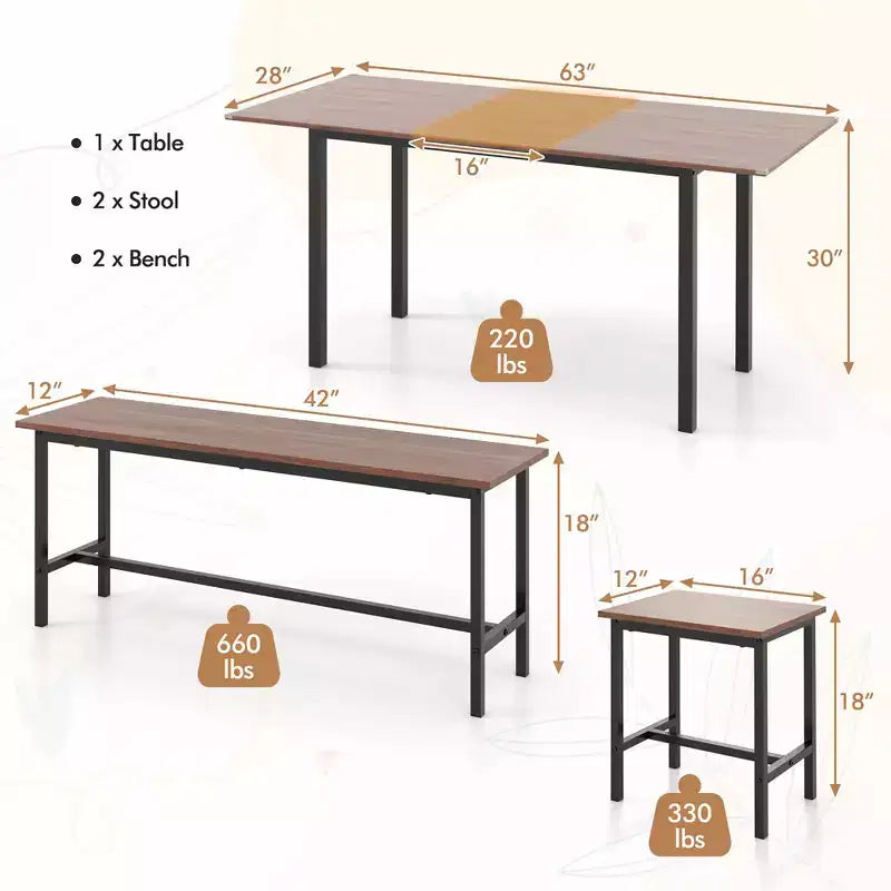 Costway Set Tavolo da Pranzo 5 Pezzi per 4-6 Persone con 2 Panche e 2 Sgabelli Struttura in Metallo Noce