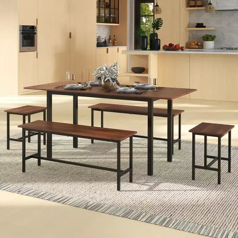 Costway Set Tavolo da Pranzo 5 Pezzi per 4-6 Persone con 2 Panche e 2 Sgabelli Struttura in Metallo Noce