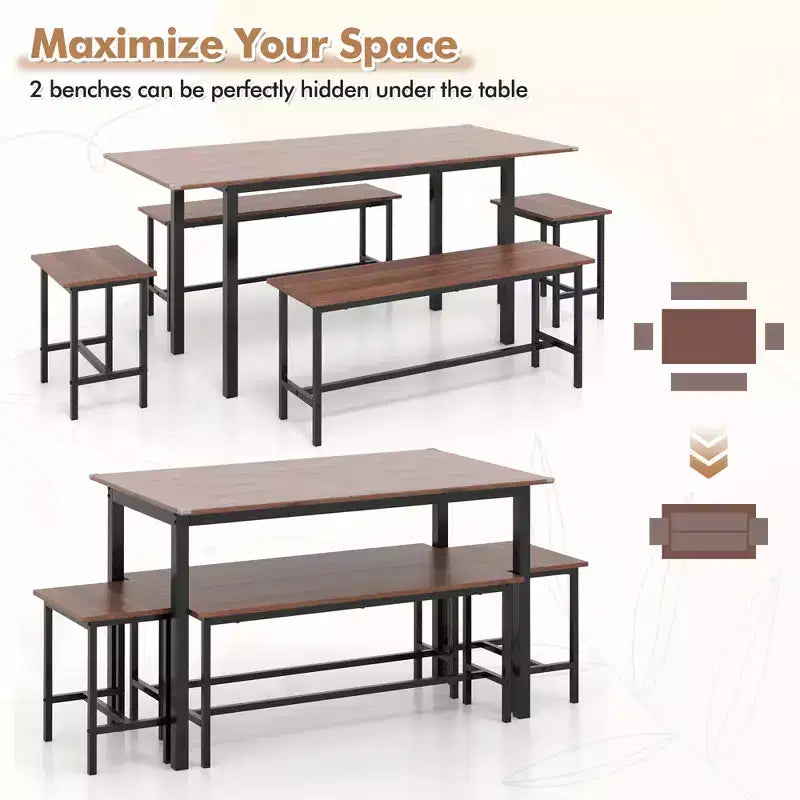 Costway Set Tavolo da Pranzo 5 Pezzi per 4-6 Persone con 2 Panche e 2 Sgabelli Struttura in Metallo Noce