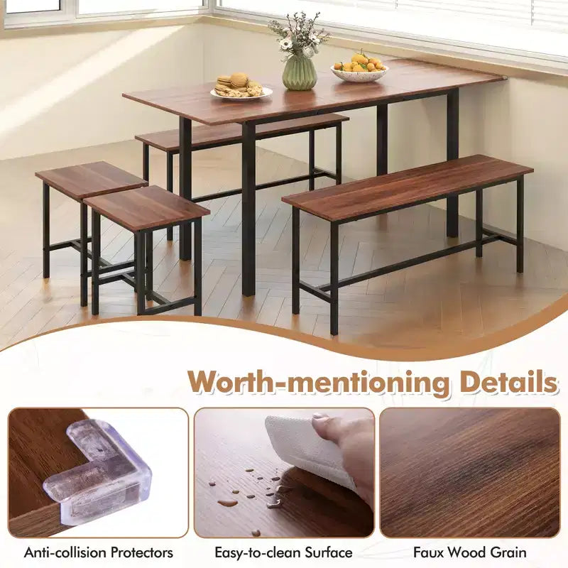 Costway Set Tavolo da Pranzo 5 Pezzi per 4-6 Persone con 2 Panche e 2 Sgabelli Struttura in Metallo Noce