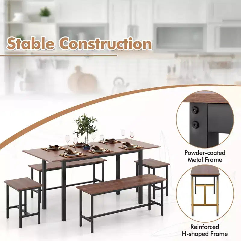 Costway Set Tavolo da Pranzo 5 Pezzi per 4-6 Persone con 2 Panche e 2 Sgabelli Struttura in Metallo Noce