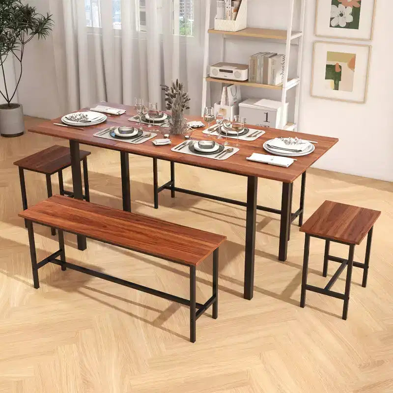 Costway Set Tavolo da Pranzo 5 Pezzi per 4-6 Persone con 2 Panche e 2 Sgabelli Struttura in Metallo Noce