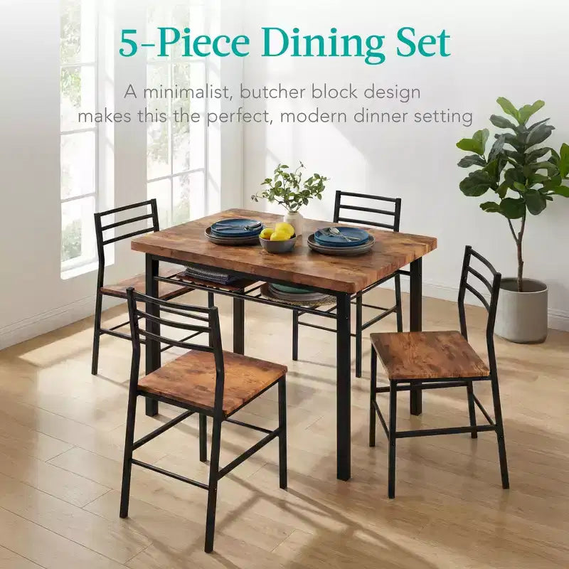 Set da pranzo moderno Best Choice Products a 5 pezzi, tavolo da cucina con 4 sedie abbinate e ripiano portaoggetti - Marrone medio/Nero