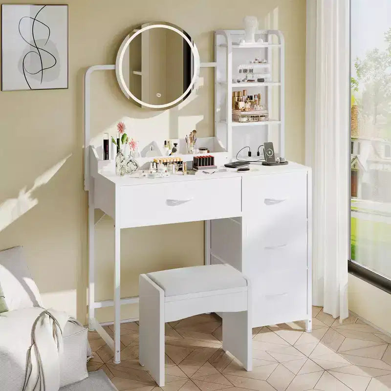 Moderna Toilette con Specchio, 4 Cassetti in Tessuto, Ripiani portaoggetti, per Camera da Letto, Soggiorno