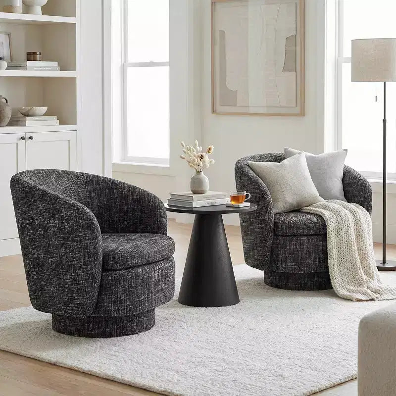 3-Piece Modern Seating Set with 2 Swivel Barrel Accent Chairs and Black Pedestal Round Side Table for Living Room or Reading Corner-Panipeachy