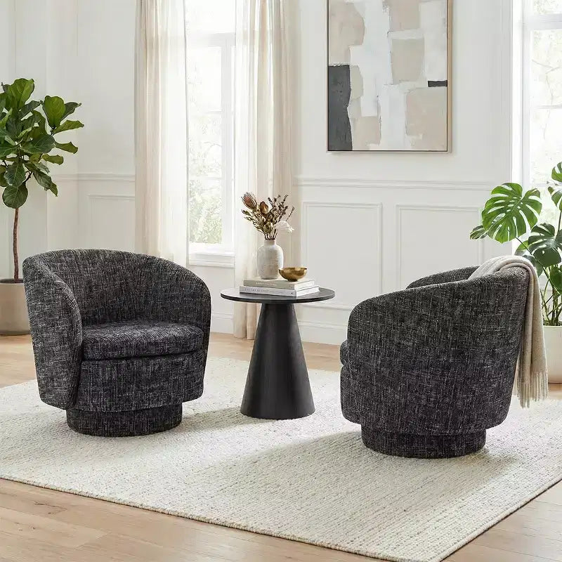 3-Piece Modern Seating Set with 2 Swivel Barrel Accent Chairs and Black Pedestal Round Side Table for Living Room or Reading Corner-Panipeachy