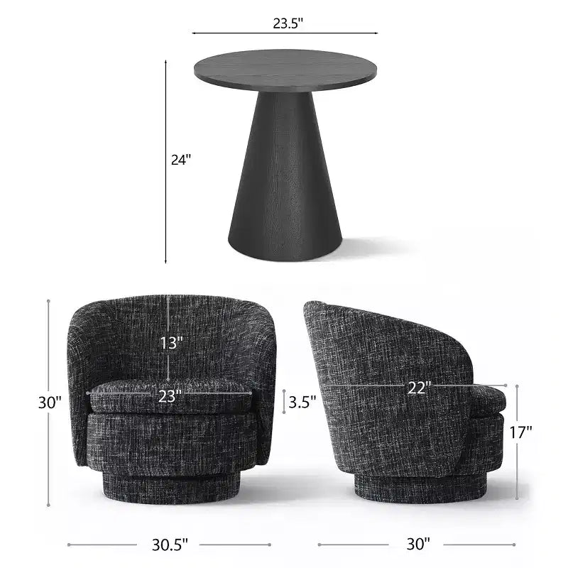 3-Piece Modern Seating Set with 2 Swivel Barrel Accent Chairs and Black Pedestal Round Side Table for Living Room or Reading Corner-Panipeachy