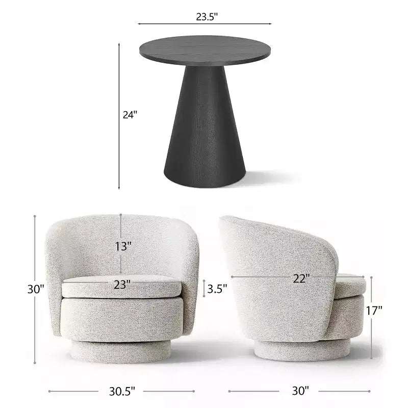 3-Piece Modern Seating Set with 2 Swivel Barrel Accent Chairs and Black Pedestal Round Side Table for Living Room or Reading Corner-Panipeachy