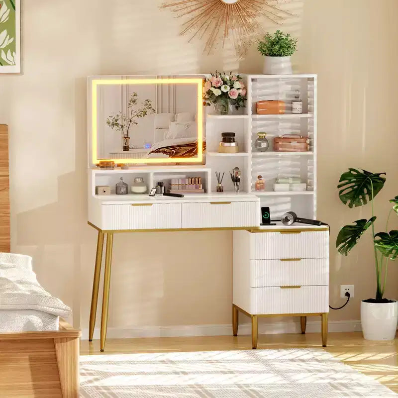 Makeup Vanity Desk with Lights, 24-Inch HD Lighted Mirror, 5 Drawers, Power Outlet & USB Ports, Fluted Dressing Table with Storage Shelf, White