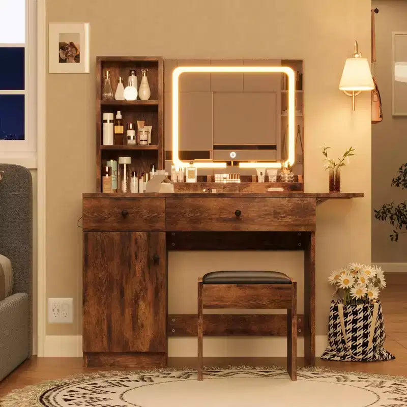 Toeletta da trucco con specchio e luci, set toeletta con cassetto e presa di corrente e sedia e 3 ripiani, camera da letto