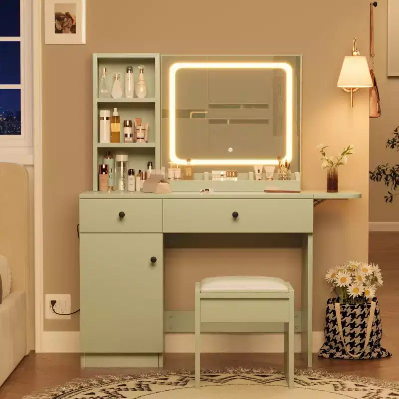 Toeletta da trucco con specchio e luci, set toeletta con cassetto e presa di corrente e sedia e 3 ripiani, camera da letto