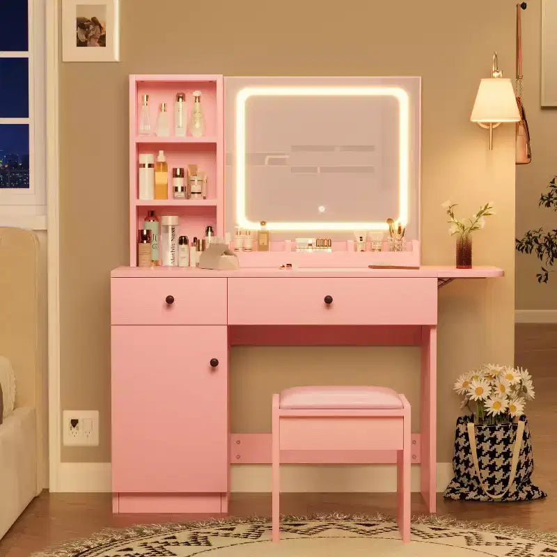 Toeletta da trucco con specchio e luci, set toeletta con cassetto e presa di corrente e sedia e 3 ripiani, camera da letto