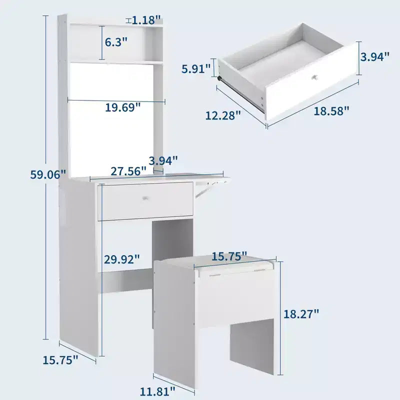 GustoWave Scrivania Toeletta Bianca con Specchio Grande, Tavolino Trucco Piccolo con Pannello Ribaltabile, Sedia Contenitore e Scaffali Aperti per Camera da Letto