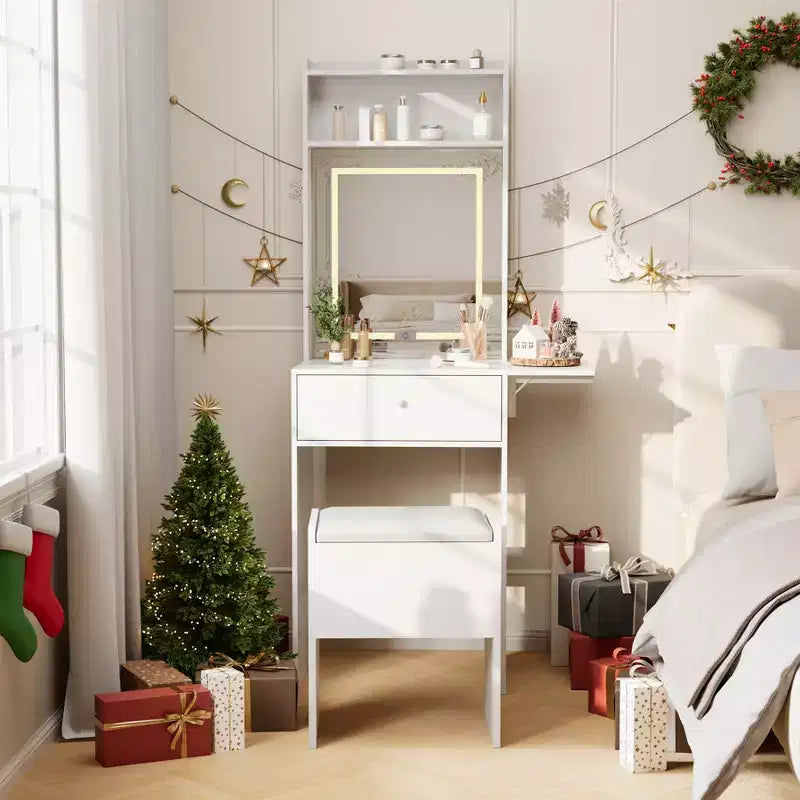 GustoWave Scrivania Toeletta Bianca con Specchio Grande, Tavolino Trucco Piccolo con Pannello Ribaltabile, Sedia Contenitore e Scaffali Aperti per Camera da Letto