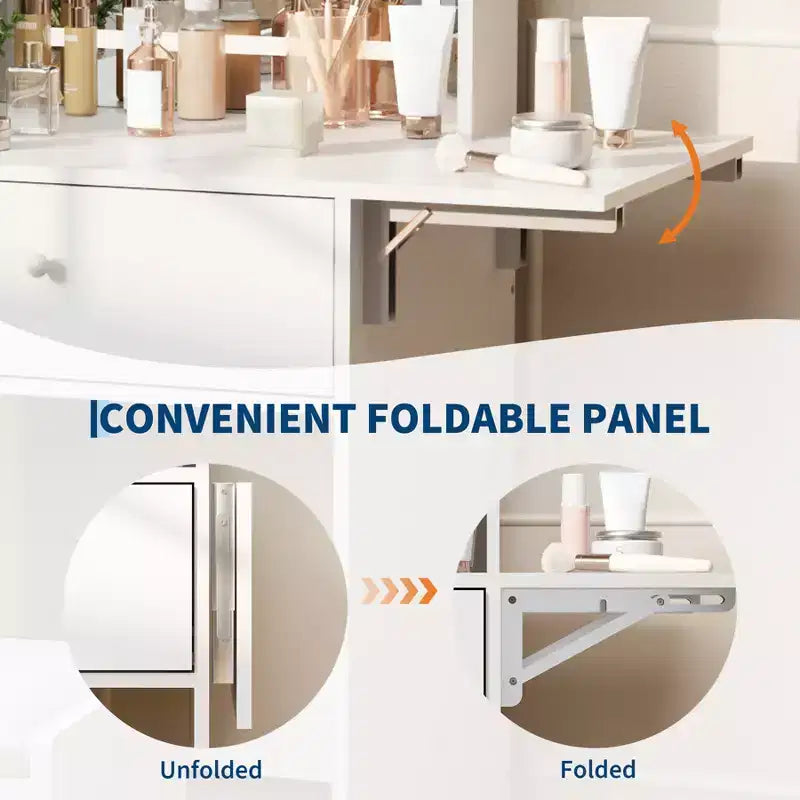 GustoWave Scrivania Toeletta Bianca con Specchio Grande, Tavolino Trucco Piccolo con Pannello Ribaltabile, Sedia Contenitore e Scaffali Aperti per Camera da Letto