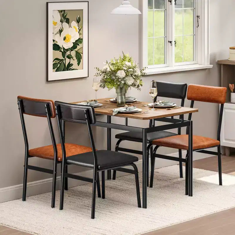 Set da Pranzo 5 Pezzi, Tavolo con Piano in Legno Marrone, Sedie in PU Marrone e Nero Misto, Struttura in Metallo, Salvaspazio, Facile Montaggio, per Cucina/Sala da Pranzo