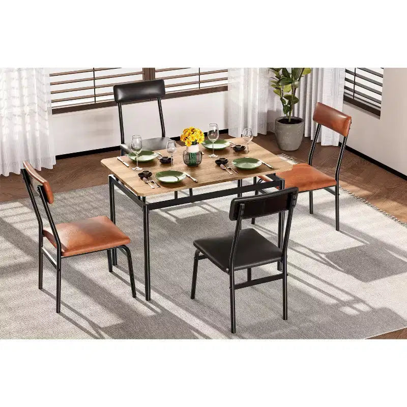 Set da Pranzo 5 Pezzi, Tavolo con Piano in Legno Marrone, Sedie in PU Marrone e Nero Misto, Struttura in Metallo, Salvaspazio, Facile Montaggio, per Cucina/Sala da Pranzo