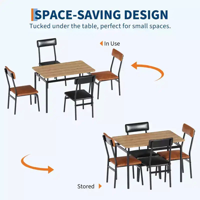 Set da Pranzo 5 Pezzi, Tavolo con Piano in Legno Marrone, Sedie in PU Marrone e Nero Misto, Struttura in Metallo, Salvaspazio, Facile Montaggio, per Cucina/Sala da Pranzo