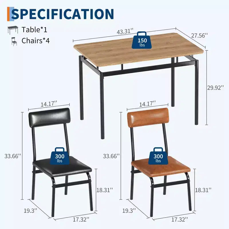 Set da Pranzo 5 Pezzi, Tavolo con Piano in Legno Marrone, Sedie in PU Marrone e Nero Misto, Struttura in Metallo, Salvaspazio, Facile Montaggio, per Cucina/Sala da Pranzo