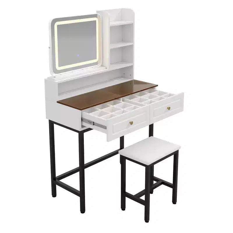 Whisen Tavolo da trucco, toeletta moderna con specchio, 2 cassetti e robuste gambe in metallo e sgabello - Bianco