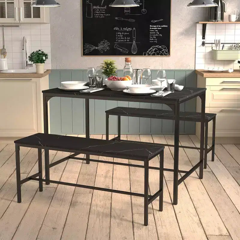 FurnitureR Set da Pranzo 3 Pezzi con Panche, Tavolo da Cucina Moderno Effetto Marmo, Set da Pranzo Salvaspazio per Appartamento o Sala da Pranzo Piccola