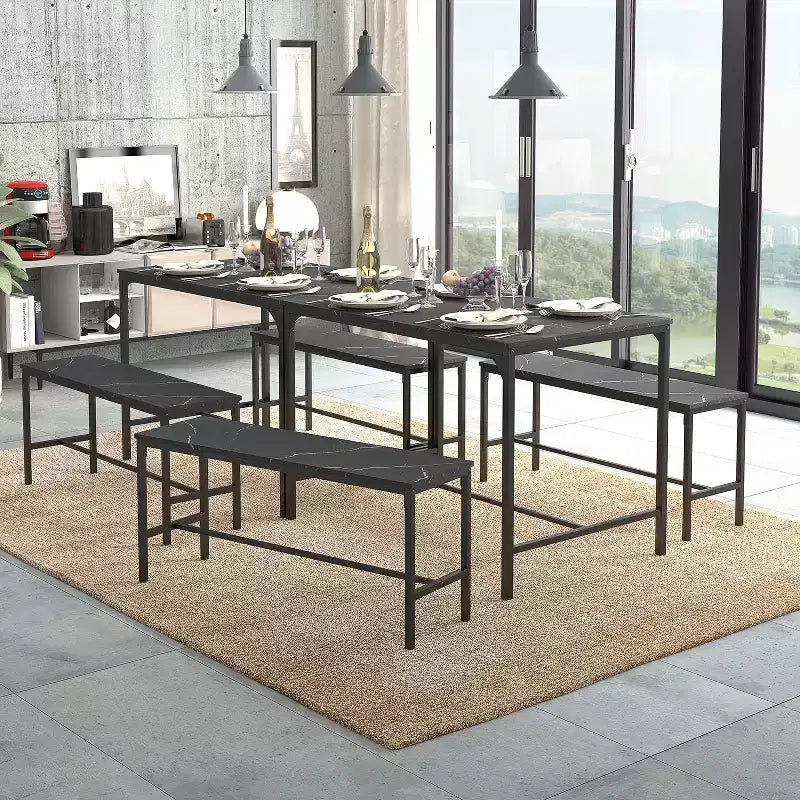 FurnitureR Set da Pranzo 3 Pezzi con Panche, Tavolo da Cucina Moderno Effetto Marmo, Set da Pranzo Salvaspazio per Appartamento o Sala da Pranzo Piccola