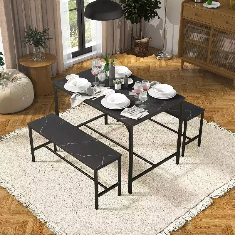 FurnitureR Set da Pranzo 3 Pezzi con Panche, Tavolo da Cucina Moderno Effetto Marmo, Set da Pranzo Salvaspazio per Appartamento o Sala da Pranzo Piccola