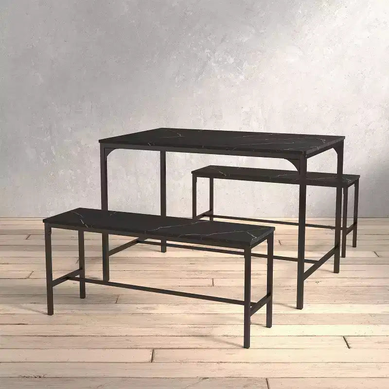 FurnitureR Set da Pranzo 3 Pezzi con Panche, Tavolo da Cucina Moderno Effetto Marmo, Set da Pranzo Salvaspazio per Appartamento o Sala da Pranzo Piccola