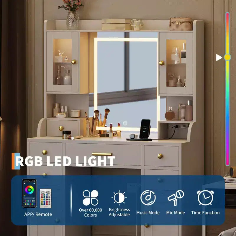 Toeletta con Stazione di Ricarica e Specchio a LED, Tavolo da Trucco, 3 Modalità di Illuminazione, 6 Cassetti, Armadietto e Ripiani, Bianco