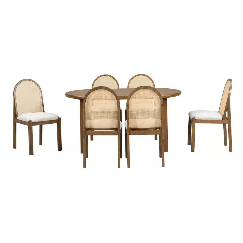 Whisen Set da Tavolo da Pranzo 7 Pezzi in Stile Rustico, Set da Pranzo in Legno per Cucina per 6 Persone, Tavolo da Pranzo Ovale e 6 Sedie in Rattan