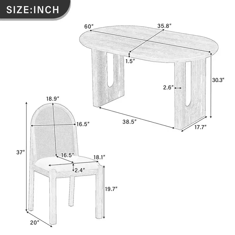 Whisen Set da Tavolo da Pranzo 7 Pezzi in Stile Rustico, Set da Pranzo in Legno per Cucina per 6 Persone, Tavolo da Pranzo Ovale e 6 Sedie in Rattan