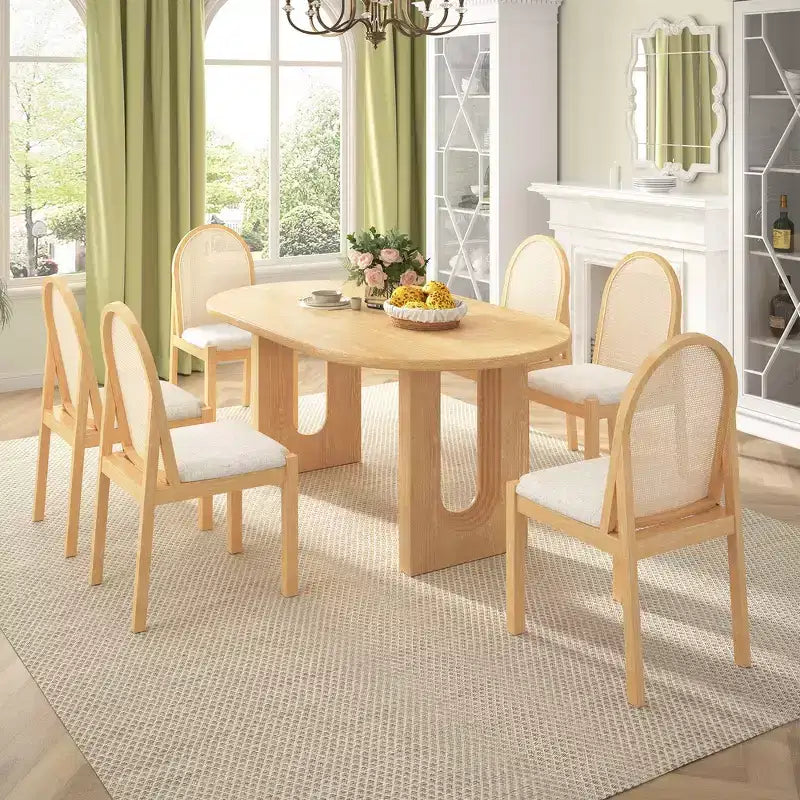 Whisen Set da Tavolo da Pranzo 7 Pezzi in Stile Rustico, Set da Pranzo in Legno per Cucina per 6 Persone, Tavolo da Pranzo Ovale e 6 Sedie in Rattan
