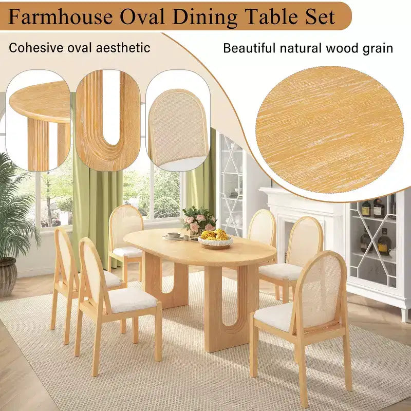 Whisen Set da Tavolo da Pranzo 7 Pezzi in Stile Rustico, Set da Pranzo in Legno per Cucina per 6 Persone, Tavolo da Pranzo Ovale e 6 Sedie in Rattan